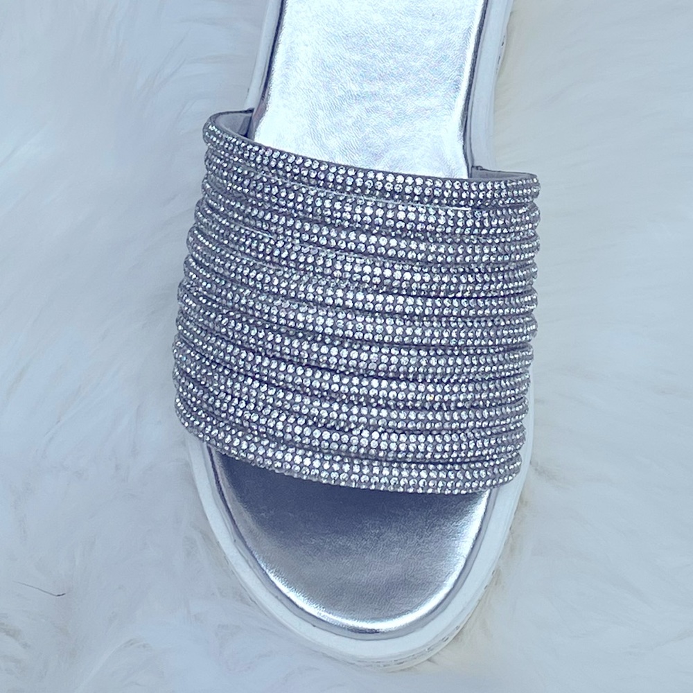 Restock!  White Platform Silver Rhinestone Embellished Wedge Slide-In Sandals - Picture 3 of 12